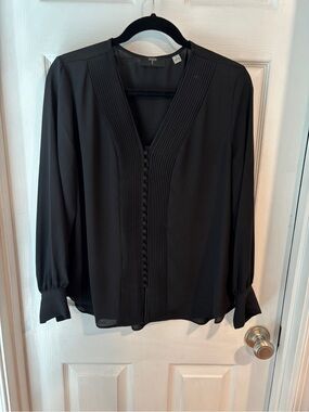 Tahari Black Pleated V-Neck Blouse with Covered Buttons
